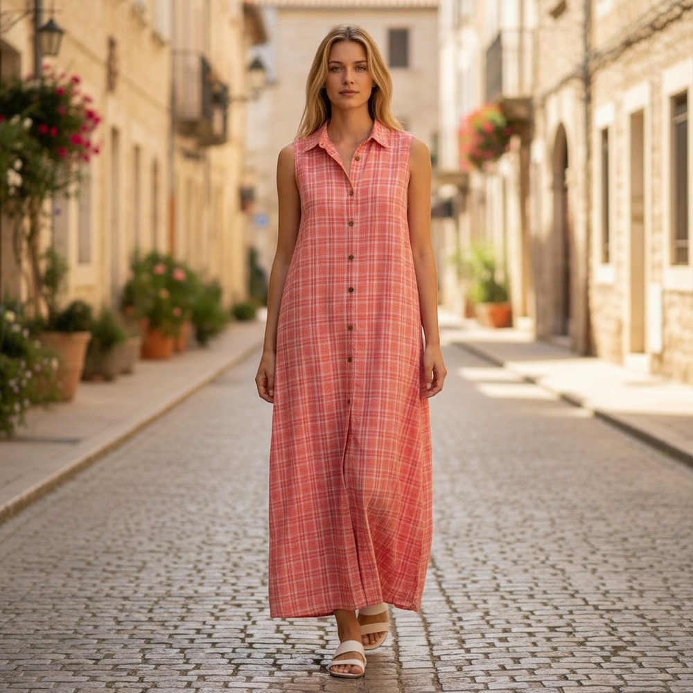 Vintage Susan Bristol Pink Orange Plaid Cotton Sleeveless Maxi Shirt Dress Med